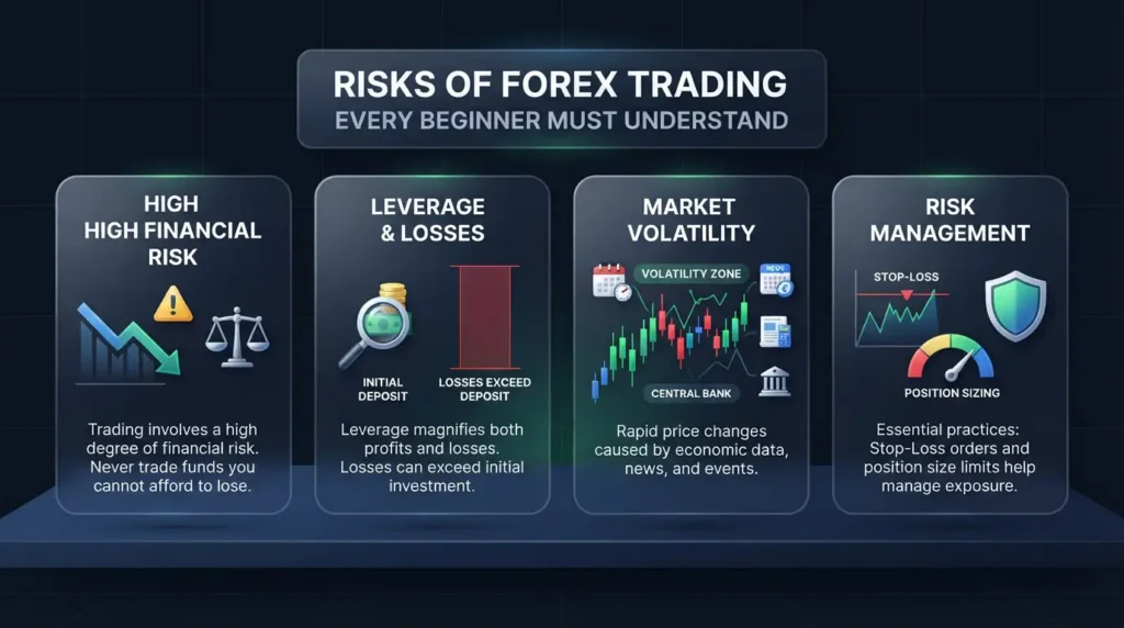 Chart outlining risks forex trading every beginner must understand before live trading. 