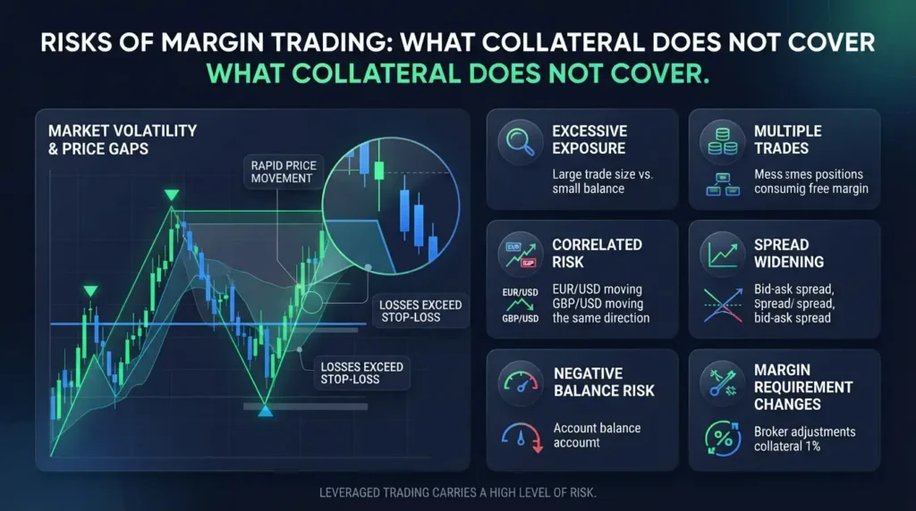 Risks of margin trading breakdown showing price gaps and market exposure hazards.