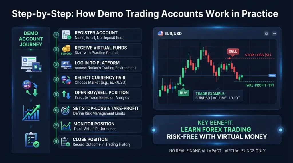 Step-by-step diagram showing how demo trading accounts work in practice.