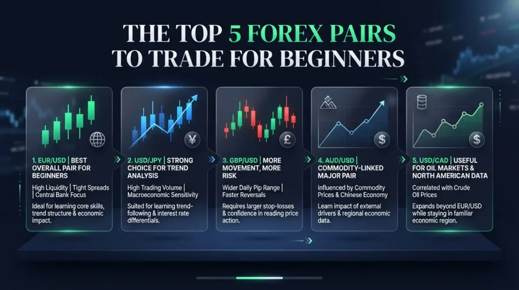 Infographic displaying top 5 forex pairs to trade for beginners.