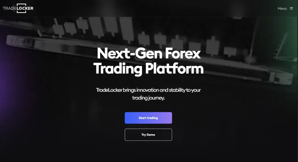Main landing page of the trade locker forex platform with demo and live account buttons.