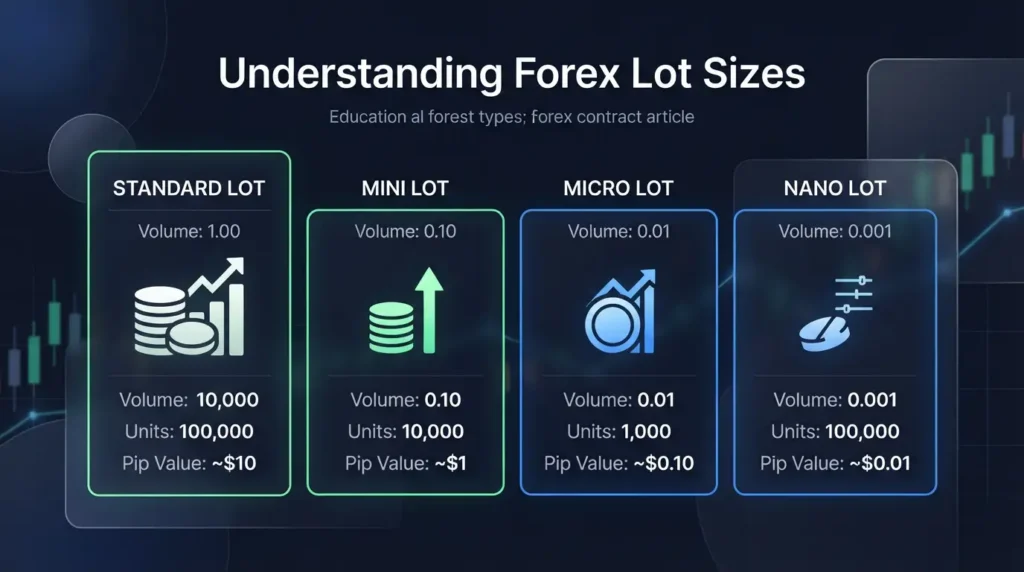 Graphic showing four main types of forex lot sizes and units.
