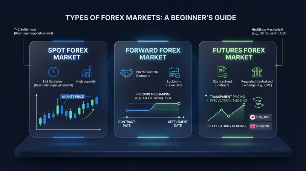 Breakdown of different types of forex markets showing spot, forward, and futures trading structures.