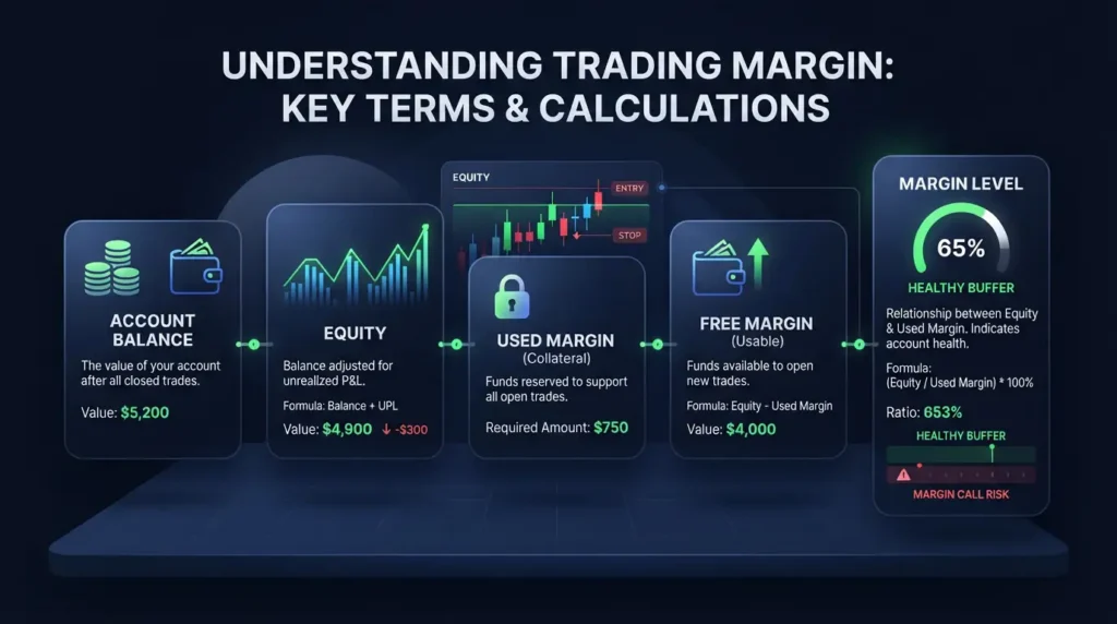 Key types of margin metrics including account balance, equity, and free buffer.