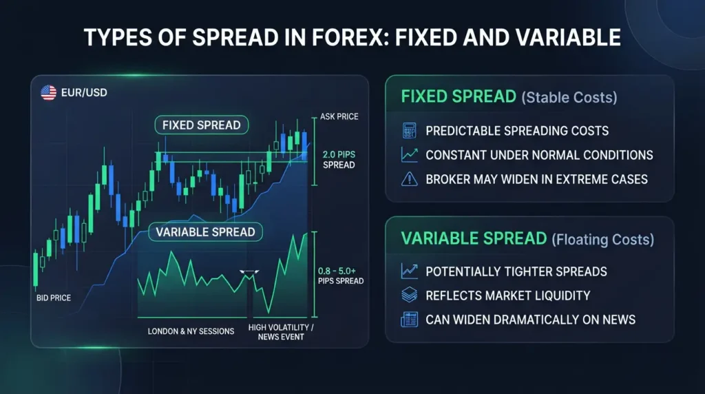 Comparison of fixed and variable types of spread in forex trading.