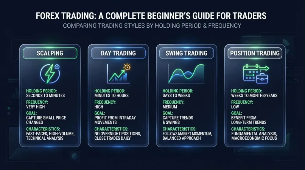 Comparison chart showing types of trading styles forex market participants use for execution.