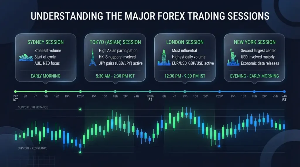 Guide to understanding major forex trading sessions with session times in IST. 