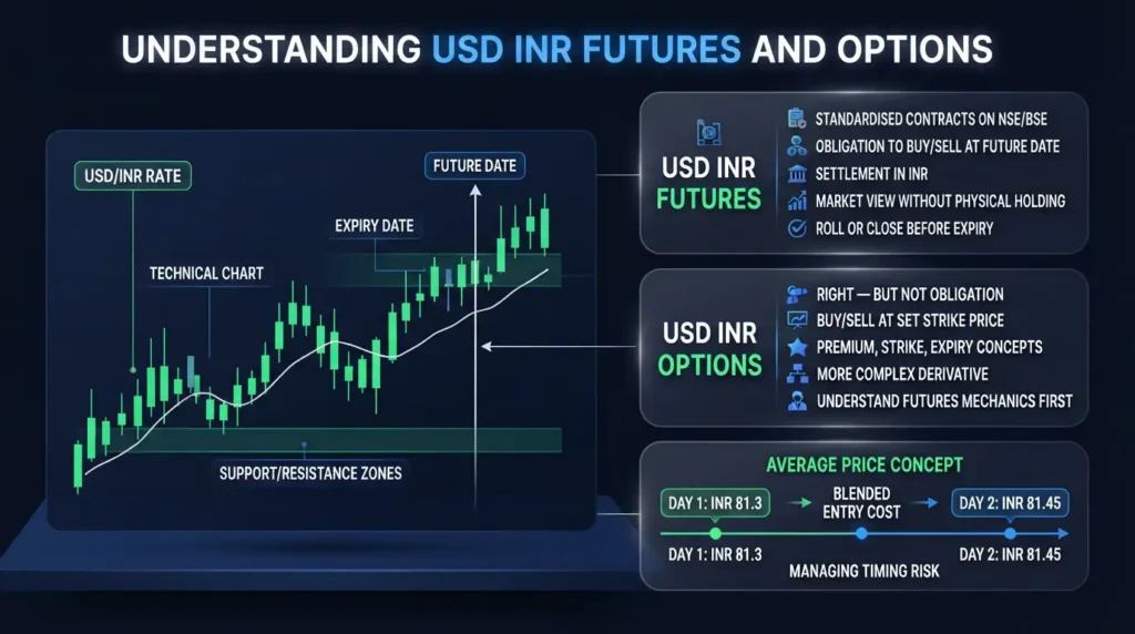 Infographic for understanding USD INR futures and option contracts with a technical chart.