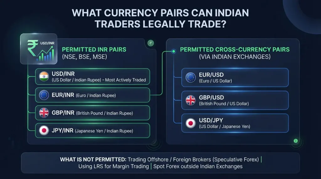 Breakdown of what currency pairs Indian traders can legally trade on regulated exchanges. 