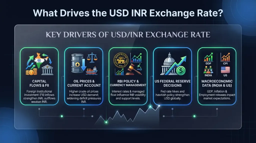 Graphic detailing what drives USD INR exchange rate through global macroeconomic factors.