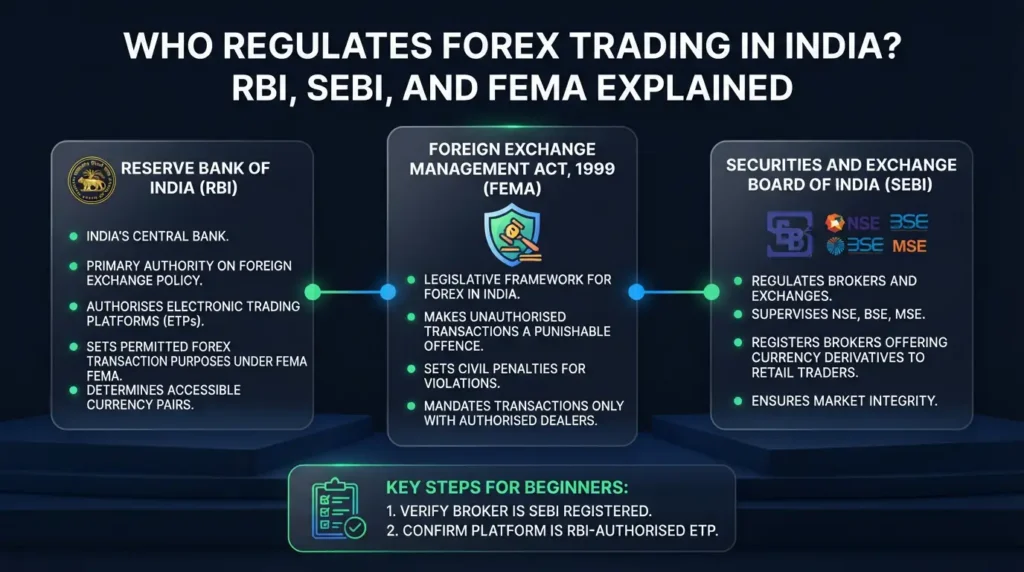 Informative chart showing who regulates forex trading india rbi sebi and fema explained. 