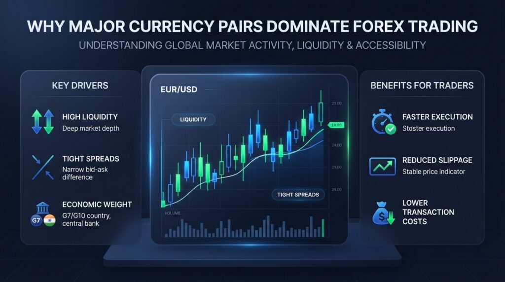 Infographic explaining why major currency pairs dominate forex trading. 