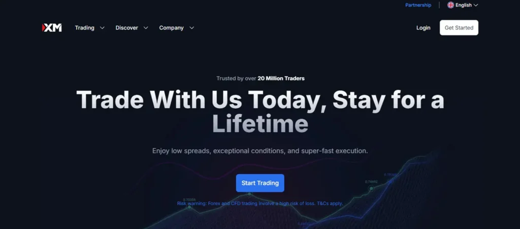 XM broker trading portal featuring fast execution statistics and account creation options. 