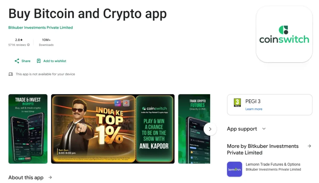 CoinSwitch crypto trading app interface in India