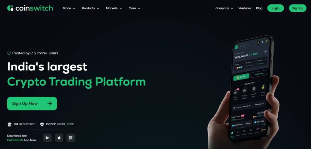 CoinSwitch crypto trading platform interface in India