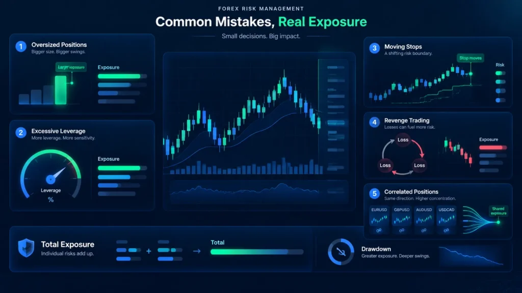 Common forex risk management mistakes including oversized positions, excessive leverage, moving stops, revenge trading, and correlated positions