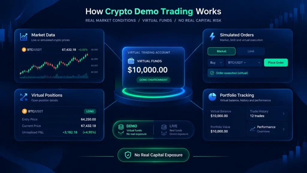 Crypto demo trading infographic showing virtual funds, simulated orders, virtual positions, market data, and portfolio tracking