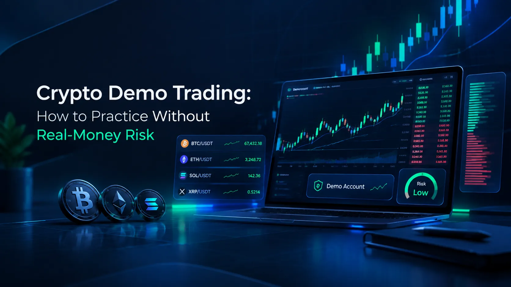 Crypto demo trading concept showing virtual funds, simulated crypto orders, charts, portfolio tracking, and differences from live trading