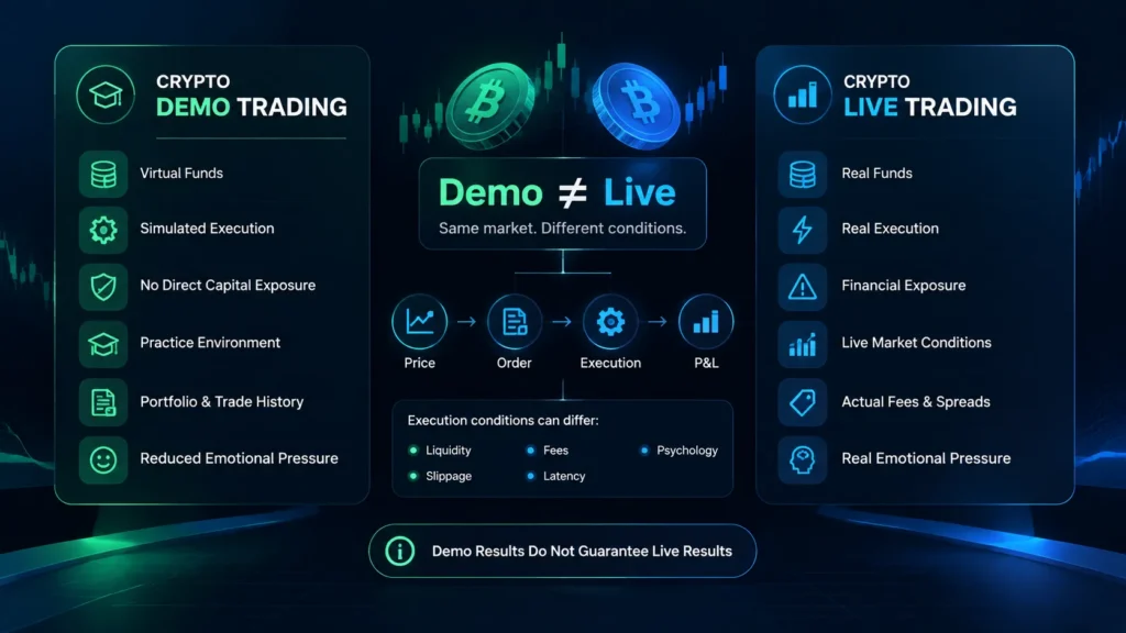 Crypto demo trading versus live trading comparison showing virtual funds, real funds, simulated execution, financial exposure, and market conditions