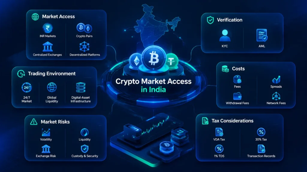 Crypto market access in India showing exchanges, INR markets, KYC, fees, risks and tax considerations