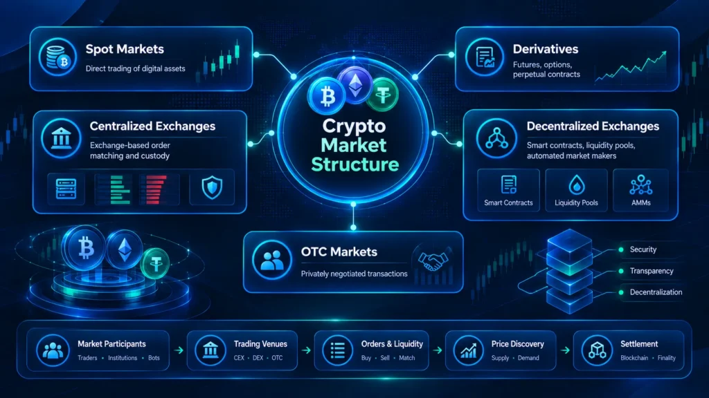 Crypto market structure showing spot markets, derivatives, centralized and decentralized exchanges, and OTC markets