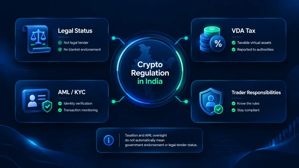 Crypto regulation in India showing legal status, VDA taxation, AML KYC requirements and trader responsibilities