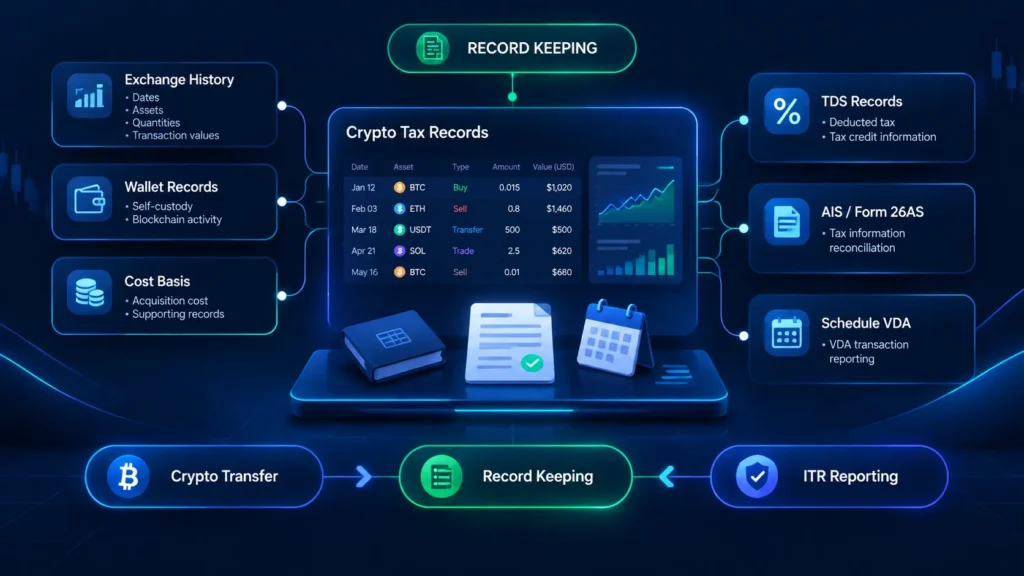 Crypto tax records and ITR filing in India showing exchange, wallet, TDS and Schedule VDA data