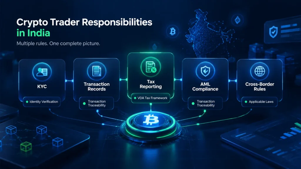 Crypto trader responsibilities in India covering KYC, transaction records, tax reporting and AML compliance