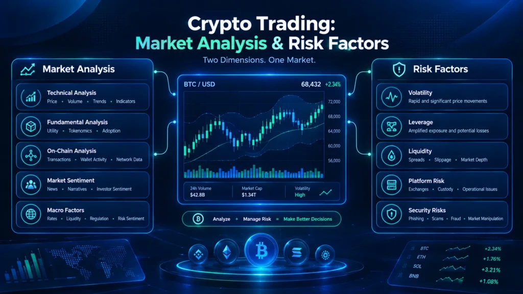 Crypto trading analysis and risk infographic showing technical, fundamental, on-chain analysis and key market risks