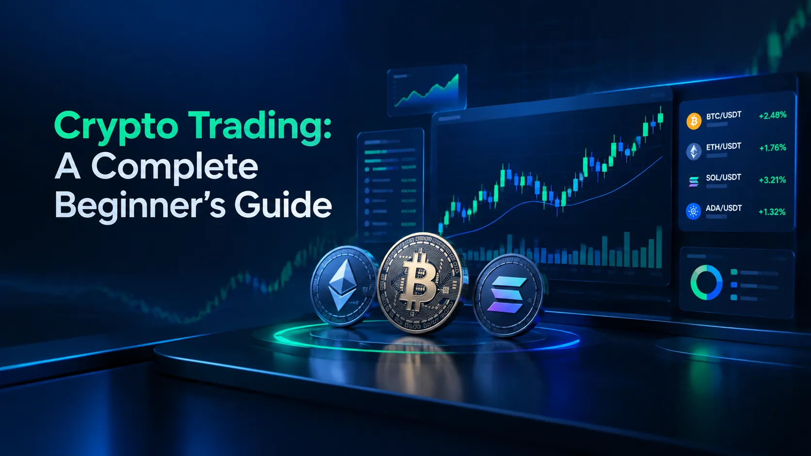 Crypto trading beginner guide with market chart, trading instruments, analysis methods, and risk factors