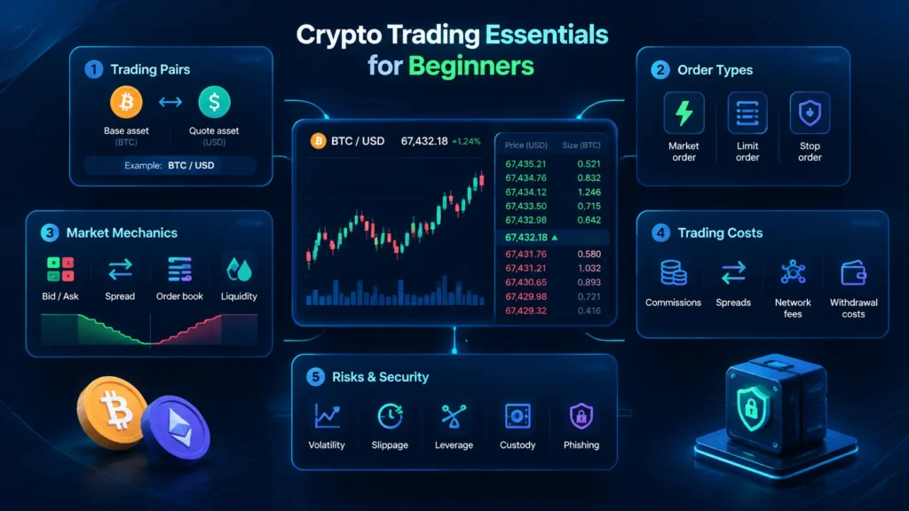 Crypto trading essentials infographic covering trading pairs, order types, market mechanics, fees, risks, and security