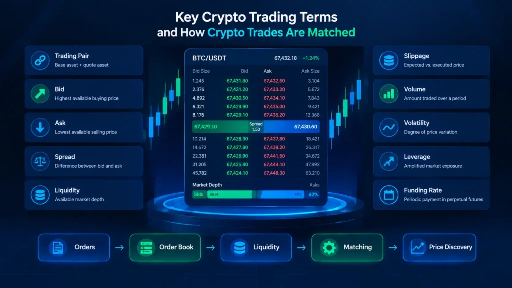 Crypto trading key terms infographic showing order books, bids, asks, spreads, liquidity, slippage, and price discovery