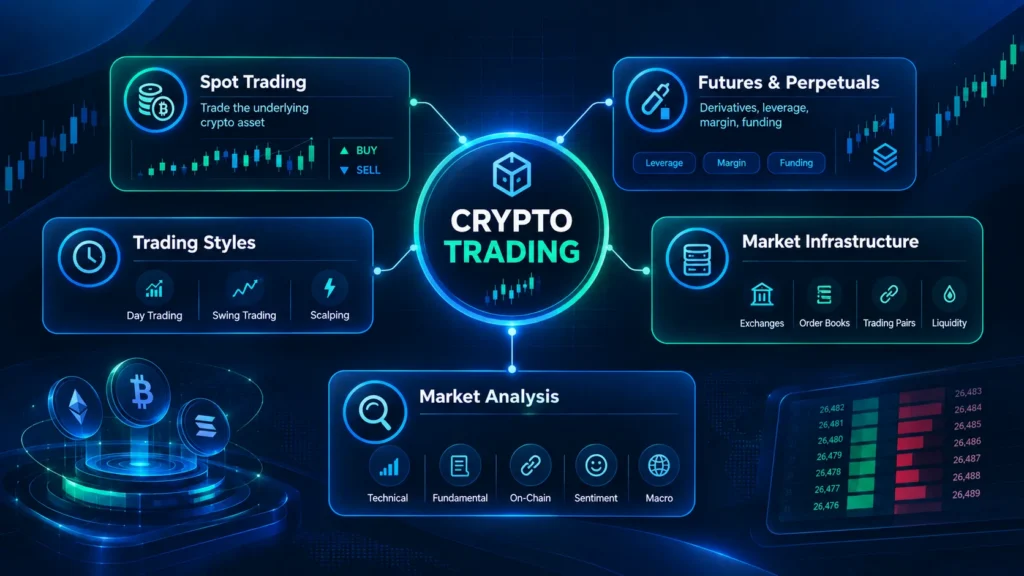 Crypto trading market structure infographic showing spot trading, derivatives, trading styles, exchanges, and market analysis