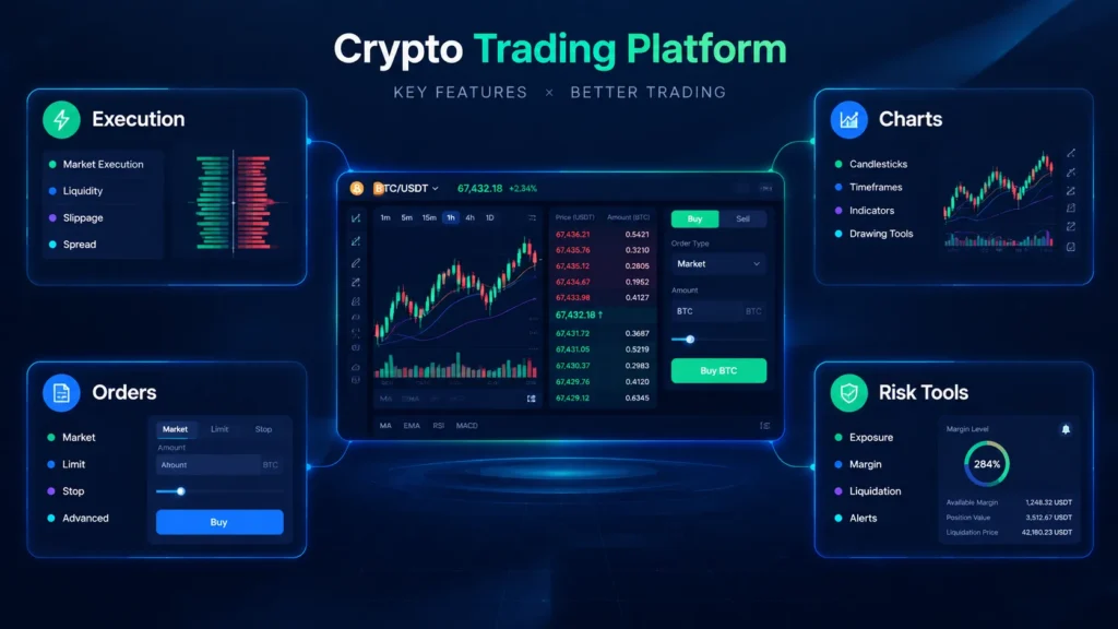 Crypto trading platform showing execution, charts, orders, and risk management tools
