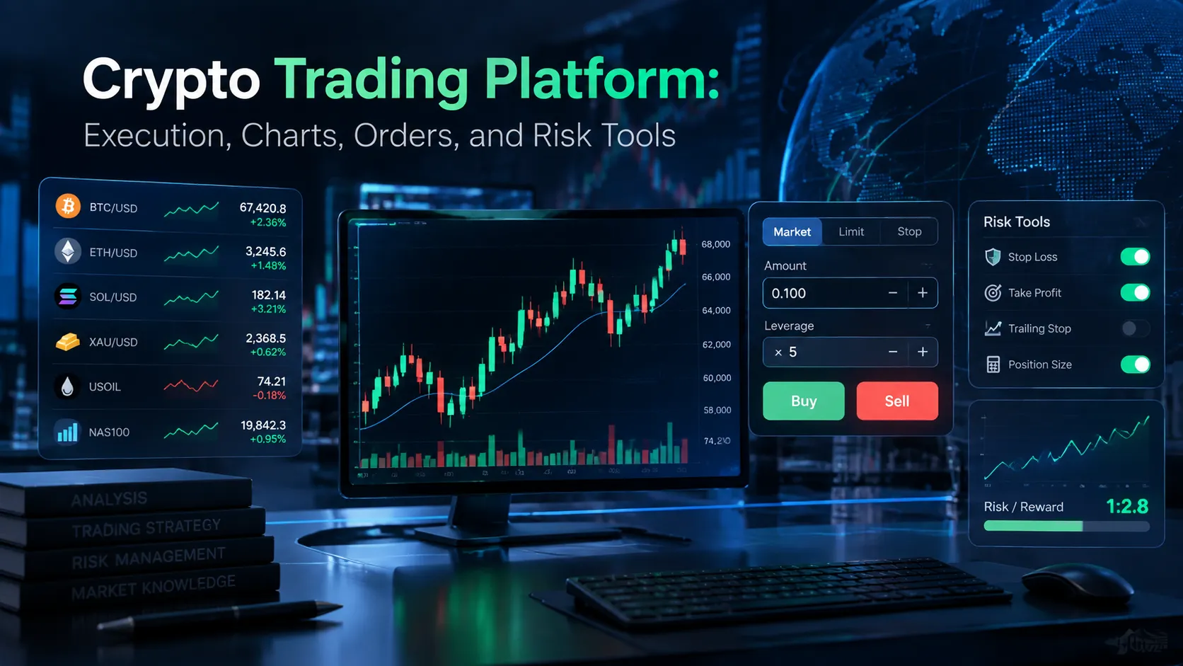 Crypto trading platform with charts, order execution, order types, and risk tools