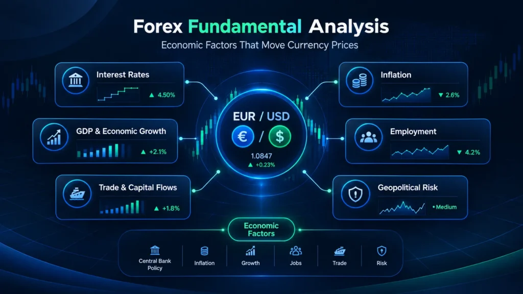 Forex fundamental analysis showing economic factors that influence currency prices
