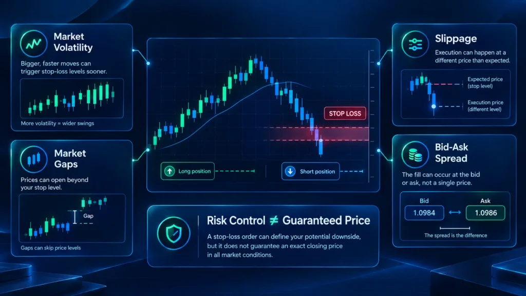 Forex stop loss risk factors including volatility, slippage, market gaps, and bid-ask spread