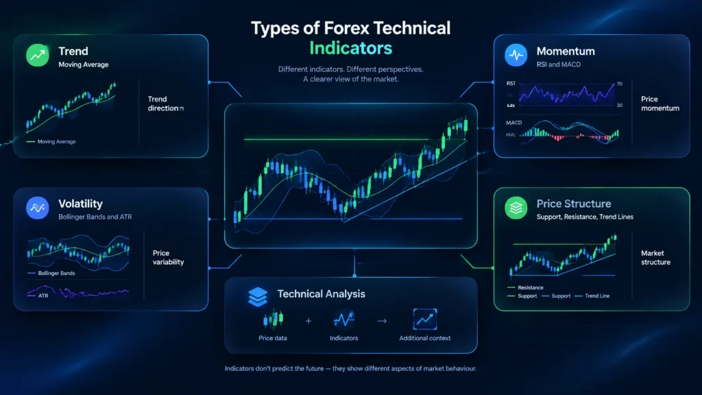Forex technical indicators infographic showing trend, momentum, volatility, and price structure