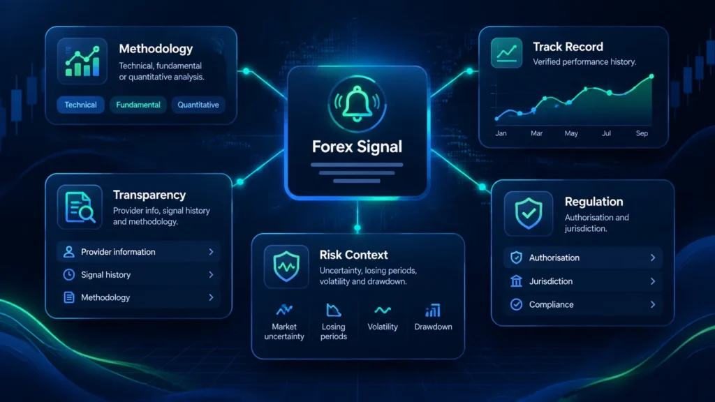 Forex trading signals evaluation criteria infographic