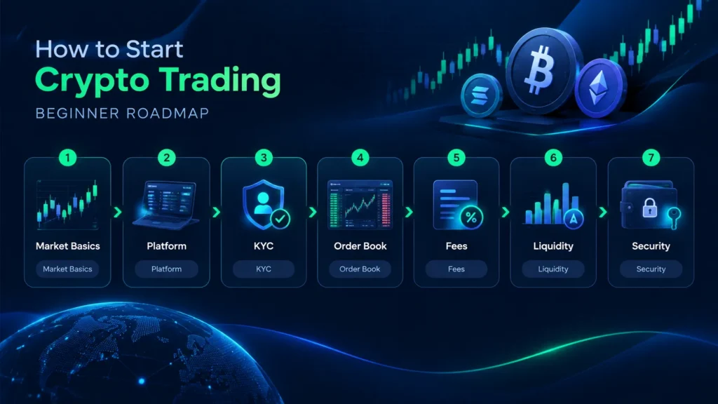 Crypto trading beginner roadmap showing key stages from learning market basics to platform selection, order mechanics, liquidity, and security