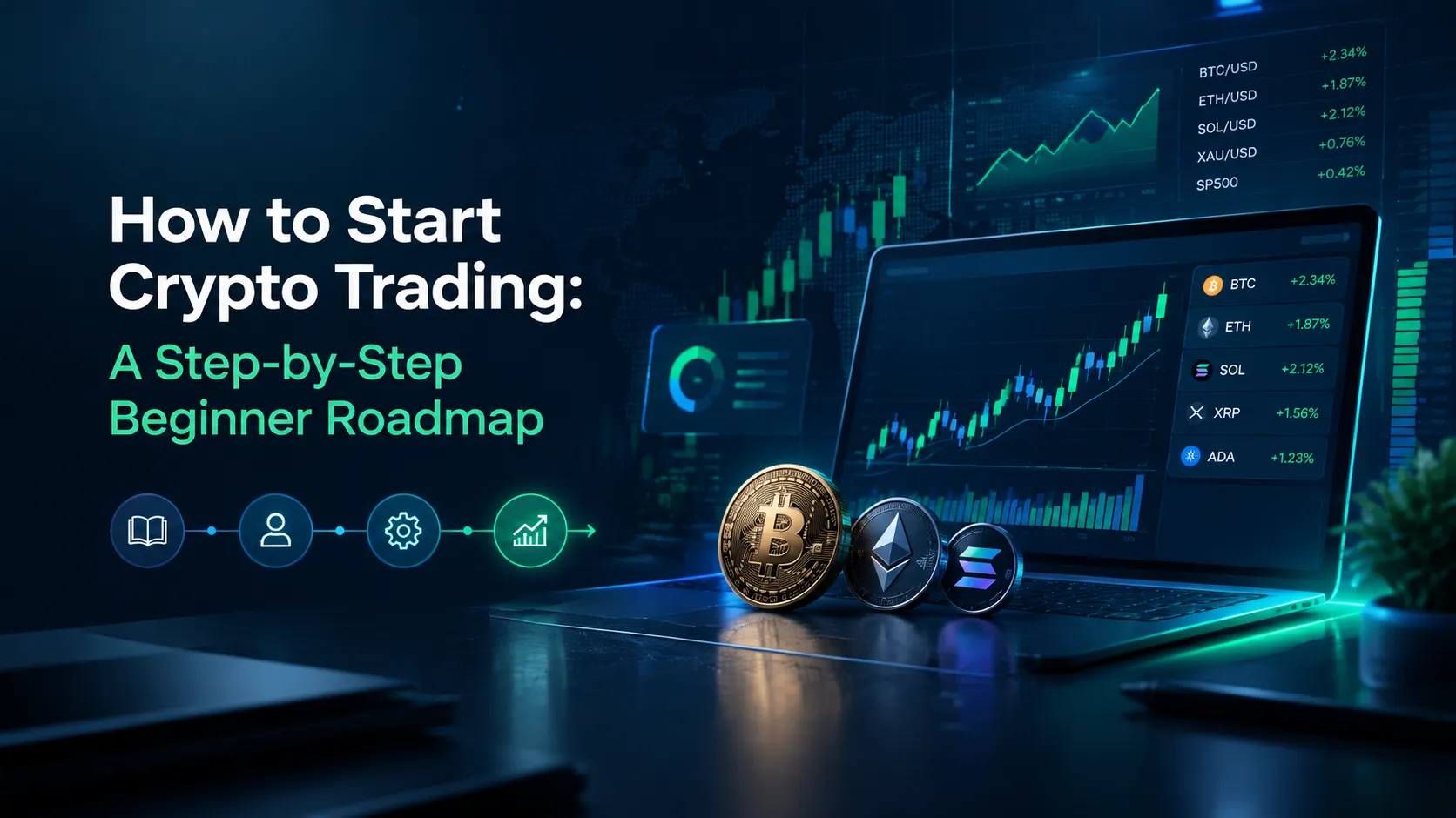 How to start crypto trading with a visual beginner roadmap covering platforms, orders, market mechanics, costs, and security
