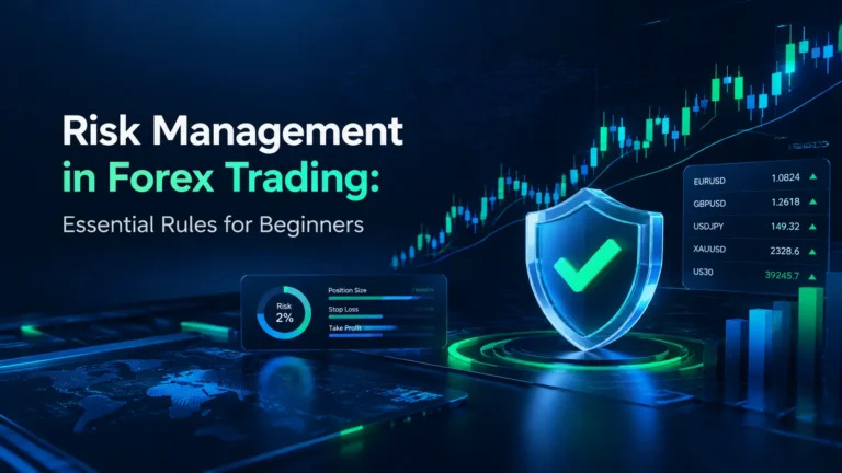 Risk management in forex trading with key concepts including position sizing, leverage, stop-loss, drawdown, and total exposure