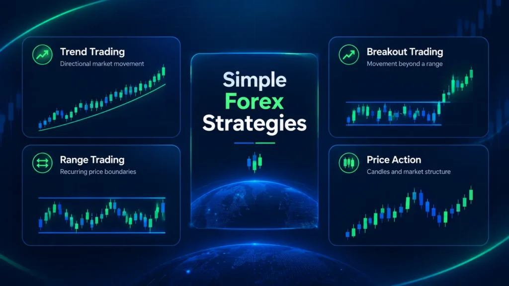 Simple forex trading strategies including trend, range, breakout and price action approaches