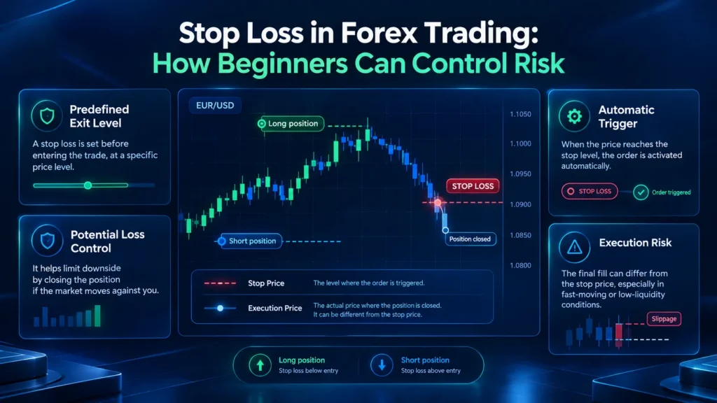 Forex stop loss mechanics showing predefined exit level and automatic position closure on a price chart