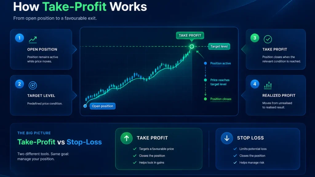 Take-profit mechanics in forex showing a predefined exit level and realised profit