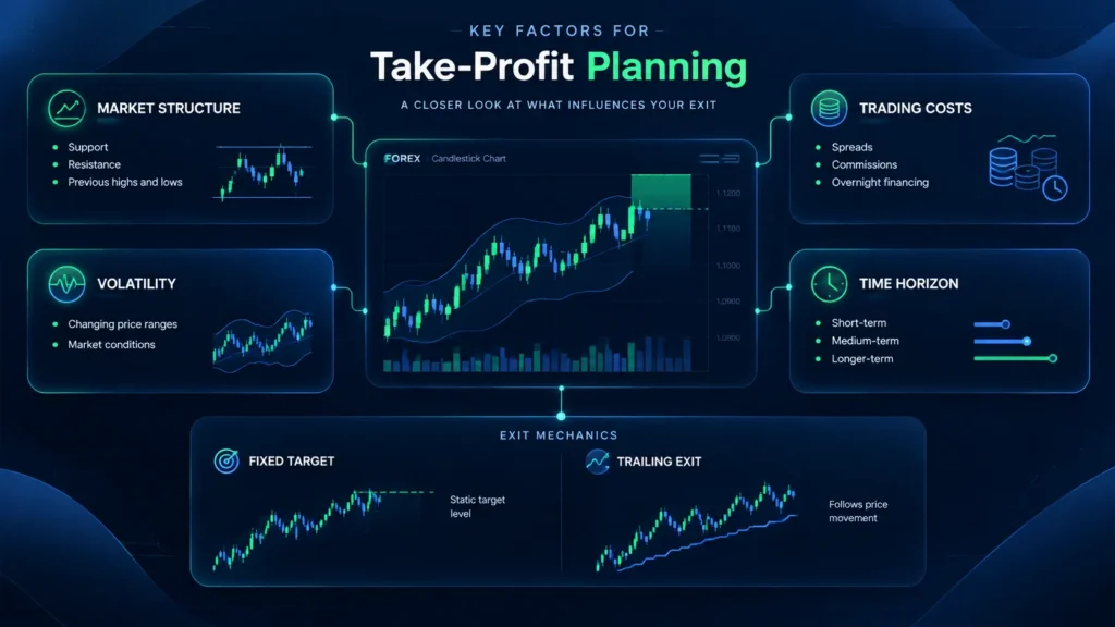 Factors affecting take-profit planning in forex including market structure volatility costs and time horizon