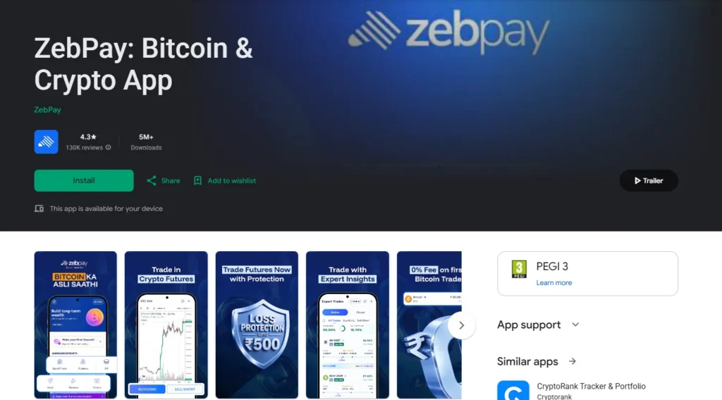 ZebPay crypto trading app interface in India