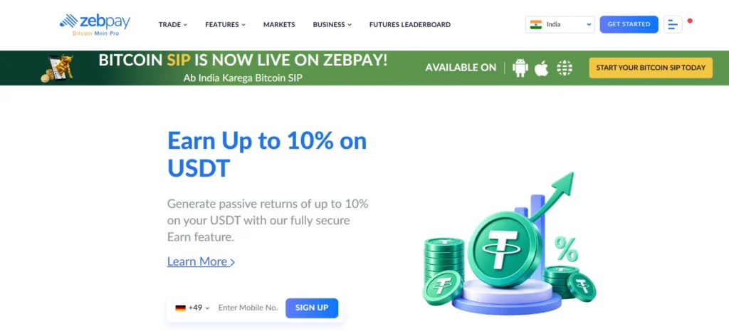 ZebPay crypto trading platform interface in India