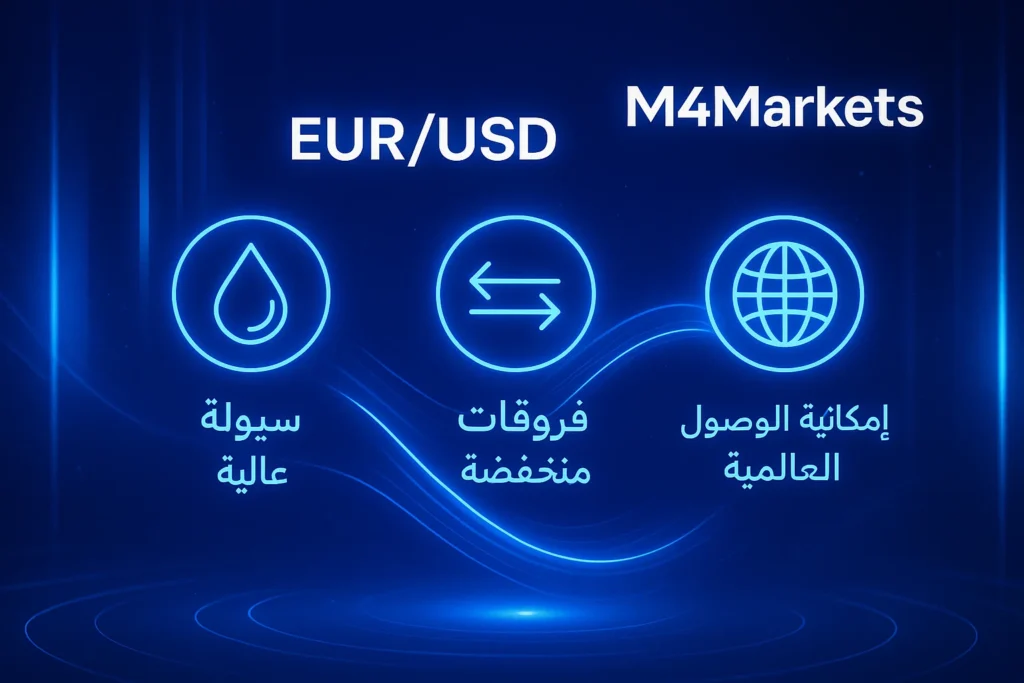 صورة مستقبلية توضح مزايا تداول EUR/USD: سيولة عالية وفروقات أسعار منخفضة، مع خطوط نيون زرقاء متوهجة.
