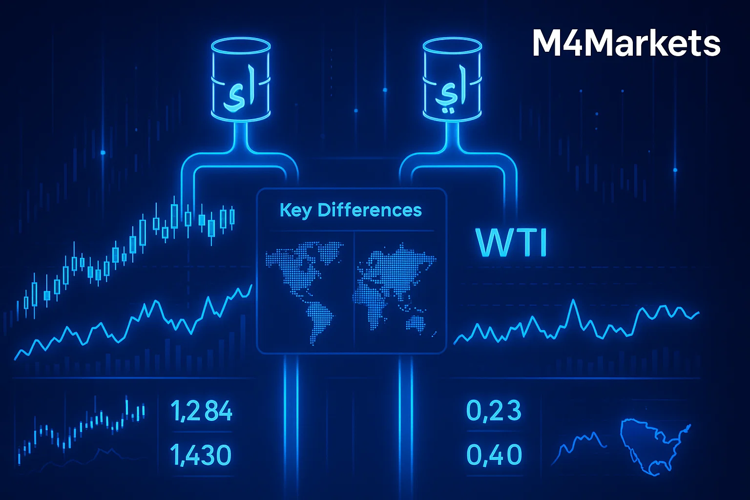 رسم بياني رقمي يوضح مقارنة الفروقات الرئيسية بين نفط برنت كروود ونفط غرب تكساس الوسيط بأسلوب تكنولوجي مستقبلي.